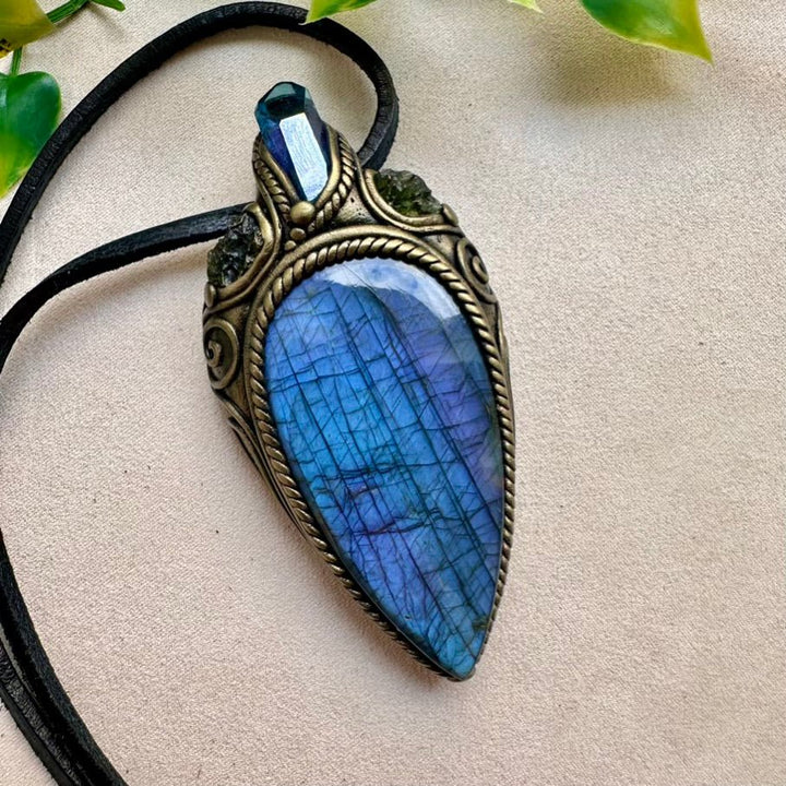Large Deep Purple-Blue Labradorite with Aqua Aura Quartz and Moldavite Necklace FairyGardenGlow