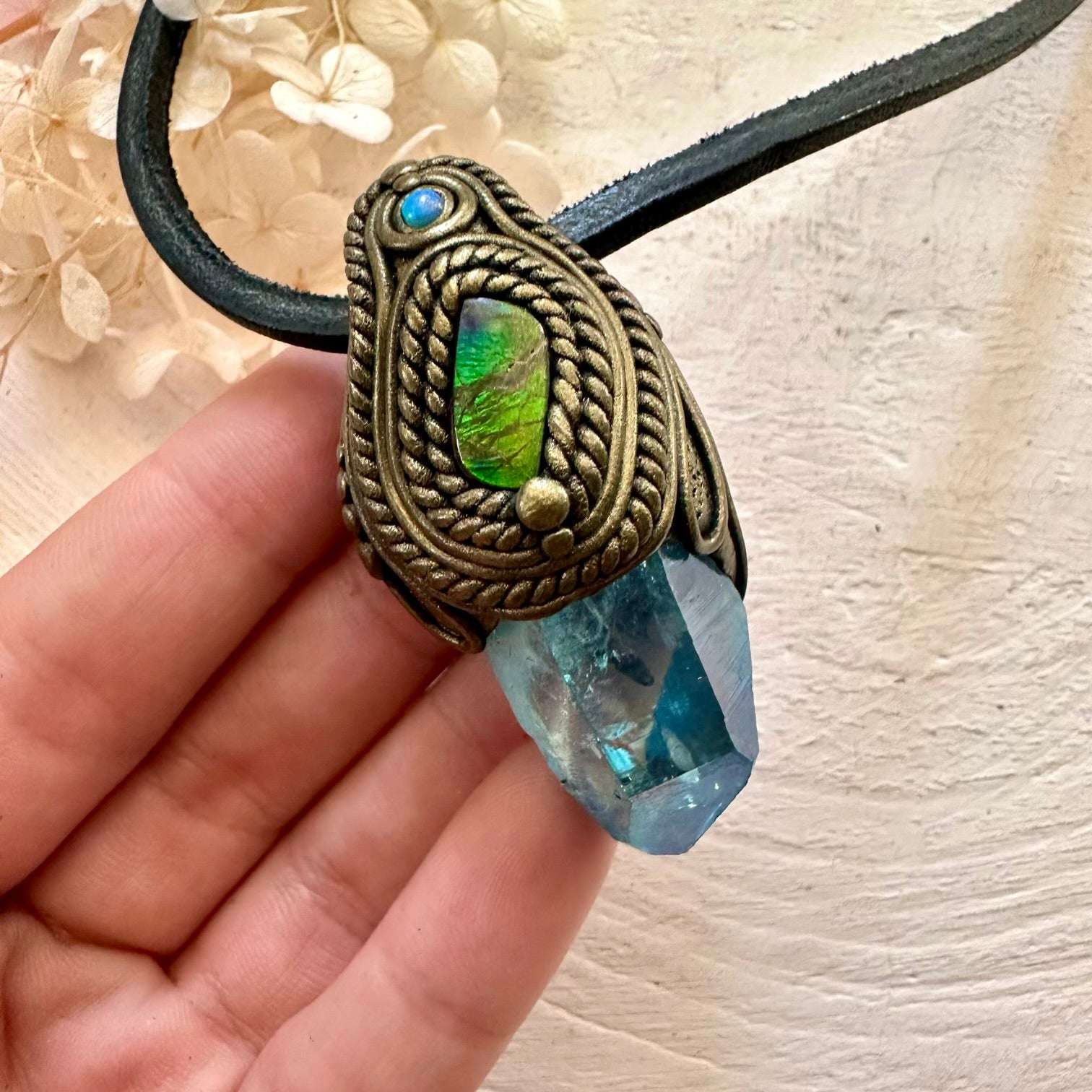 Aqua Aura Quartz Ammolite and Australian Opal Pendant Necklace - FairyGardenGlow