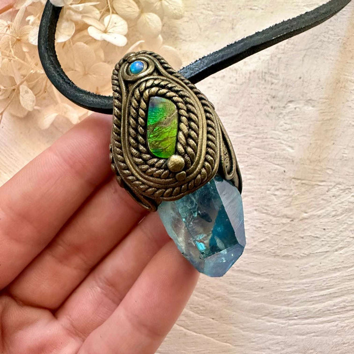 Aqua Aura Quartz Ammolite and Australian Opal Pendant Necklace - FairyGardenGlow