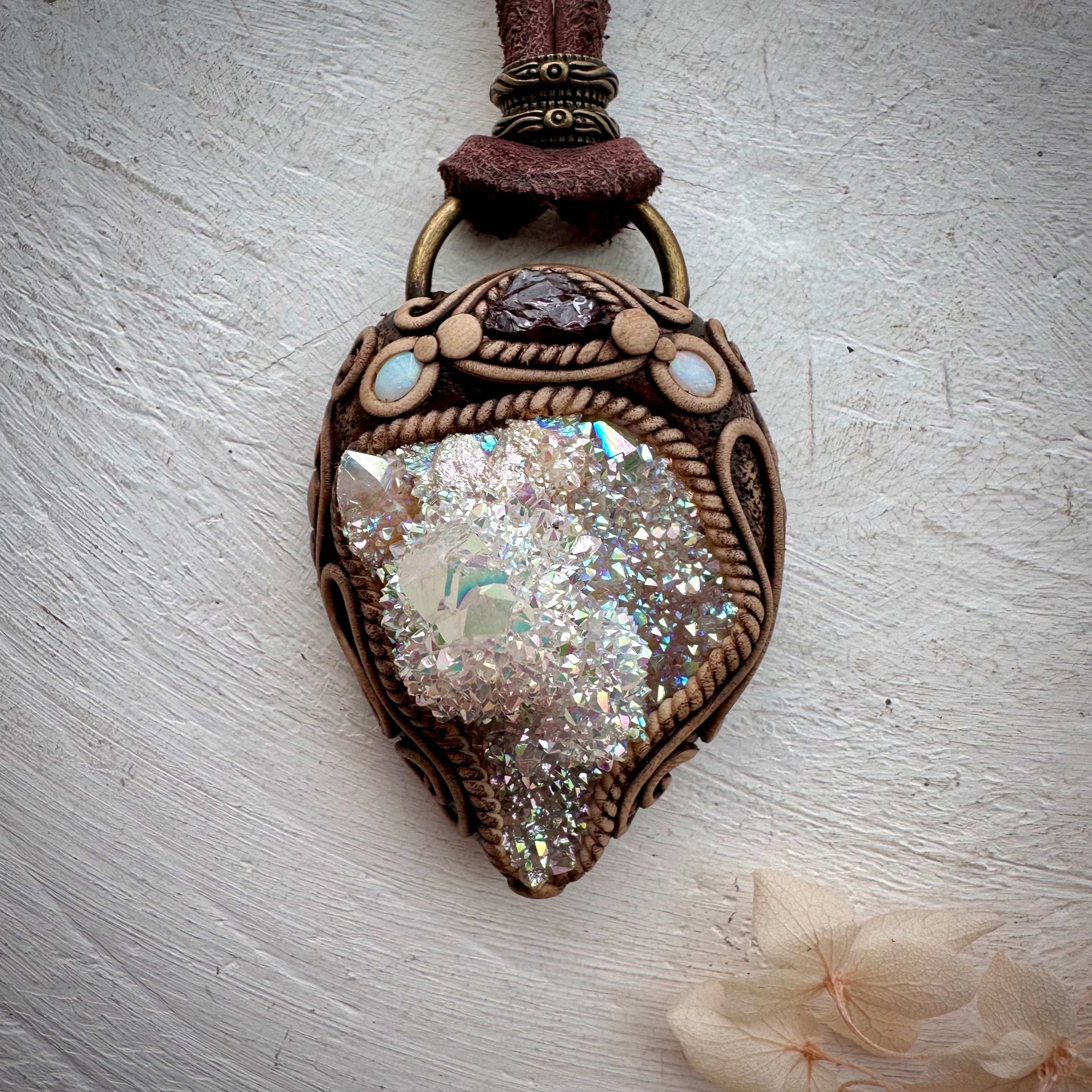 Angel Aura Spirit Quartz Cluster Red Garnet and Australian Opal Pendant Necklace - FairyGardenGlow