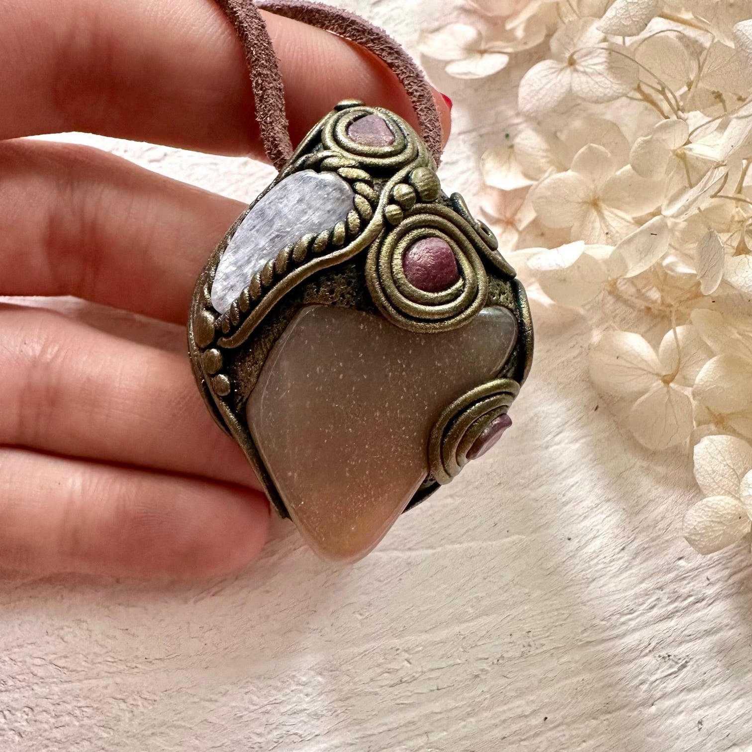 Sunstone Kunzite and Ruby Necklace - FairyGardenGlow
