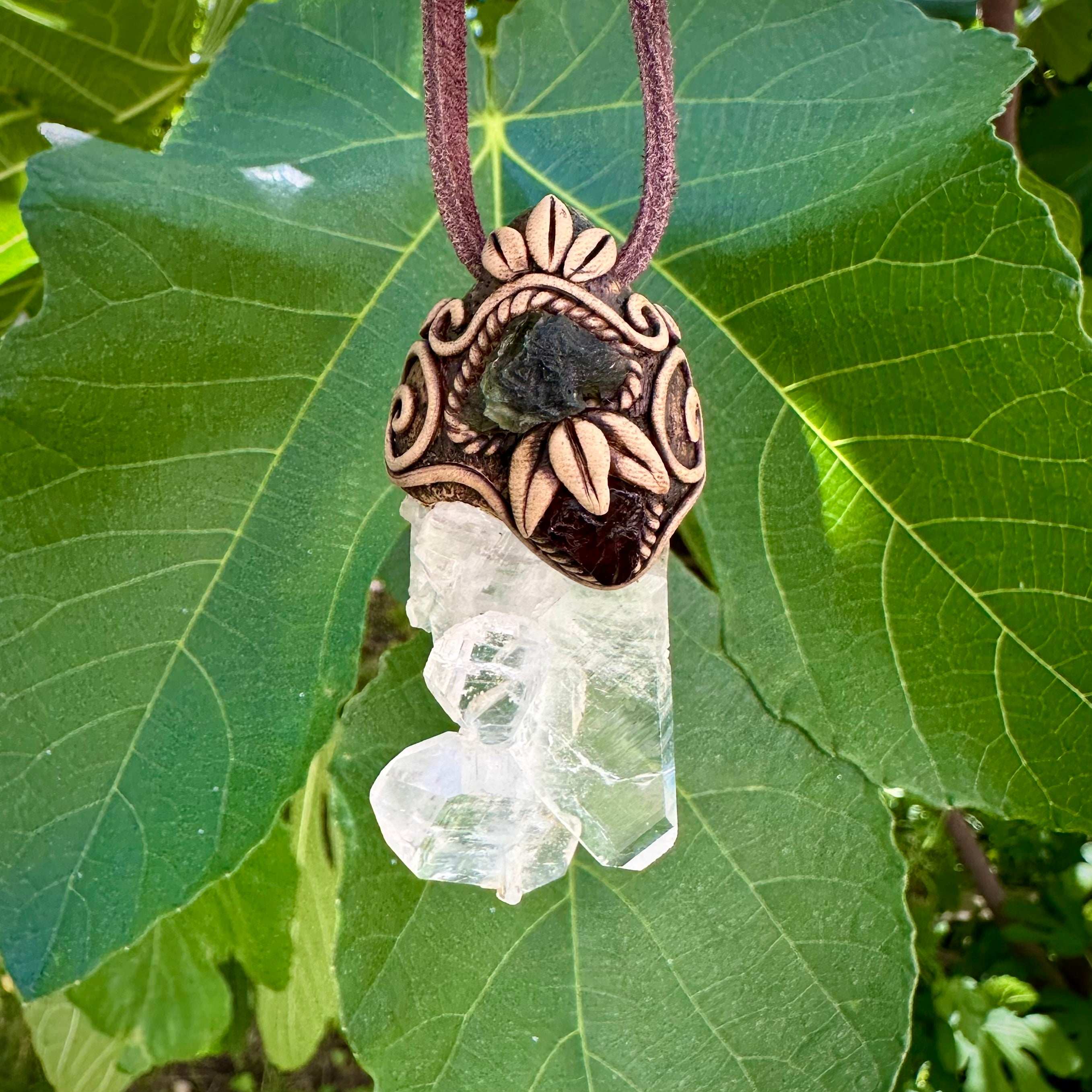 Faden Quartz Moldavite and Red Garnet Necklace - FairyGardenGlow