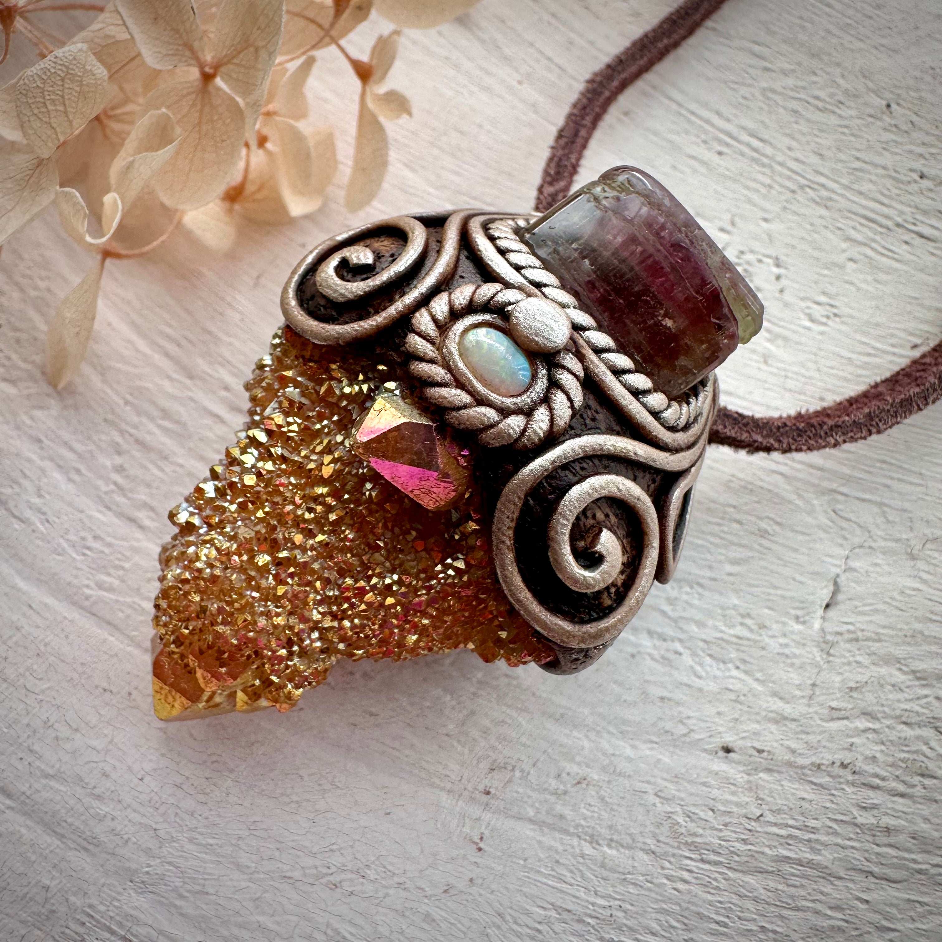 Sunset Aura Spirit Quartz with Bi Color Tourmaline and Australian Opal Necklace - FairyGardenGlow