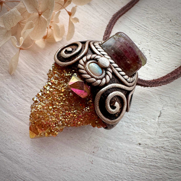 Sunset Aura Spirit Quartz with Bi Color Tourmaline and Australian Opal Necklace - FairyGardenGlow