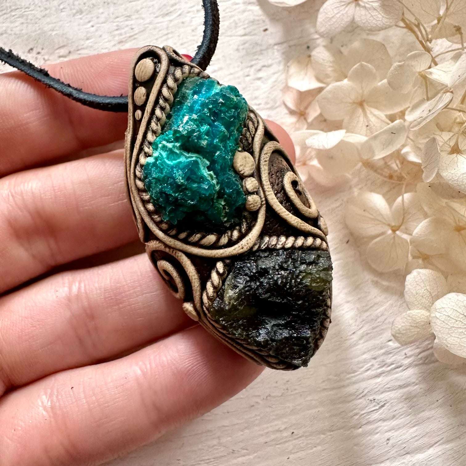 Raw Chrysocolla and Moldavite Pendant Necklace - FairyGardenGlow