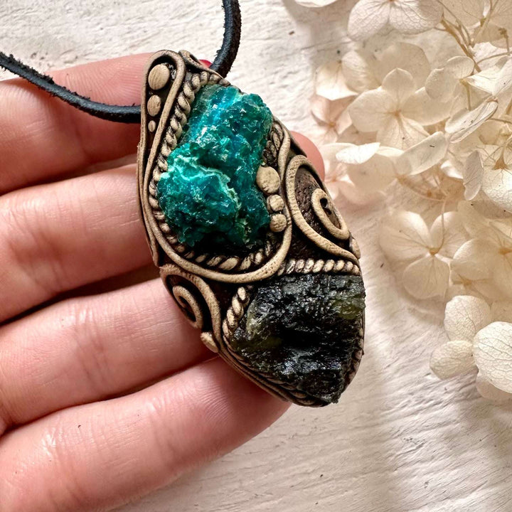 Raw Chrysocolla and Moldavite Pendant Necklace - FairyGardenGlow