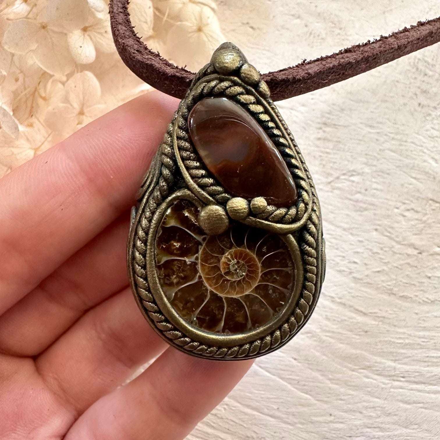 Ammonite and Fire Agate Necklace - FairyGardenGlow