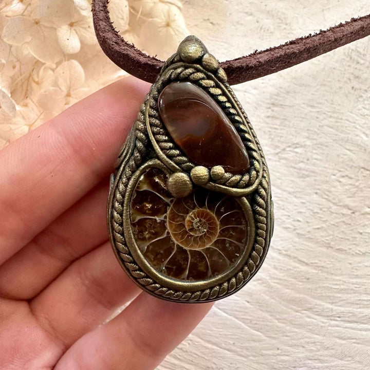 Ammonite and Fire Agate Necklace - FairyGardenGlow