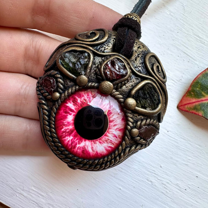 Moldavite and Garnet Eye Necklace - FairyGardenGlow
