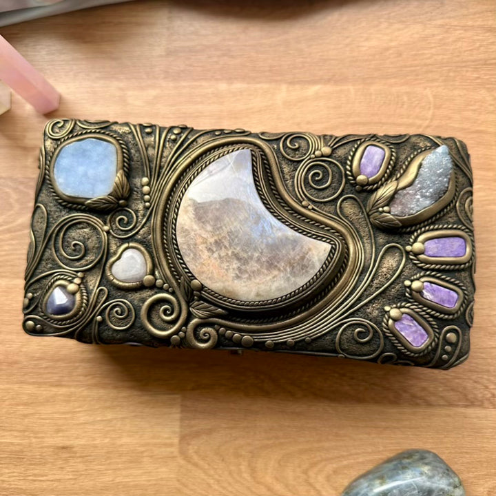 Handmade Wooden Box with Crystals – Moonstone Moon, Blue Chalcedony, Rose Quartz, Tanzanite, Charoite & Aqua Aura Spirit Quartz - FairyGardenGlow