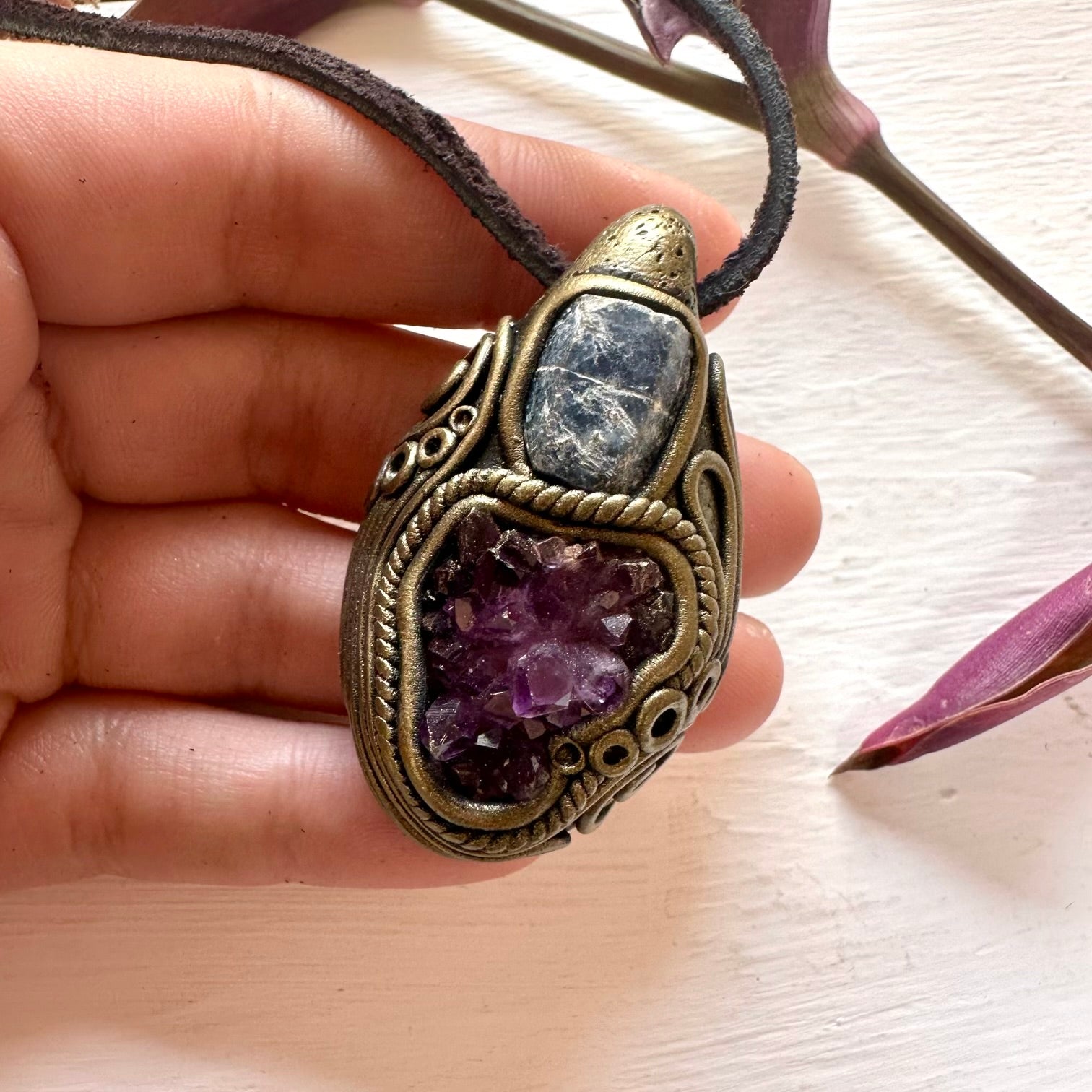 Amethyst Cluster and Raw Blue Sapphire Pendant Necklace - FairyGardenGlow
