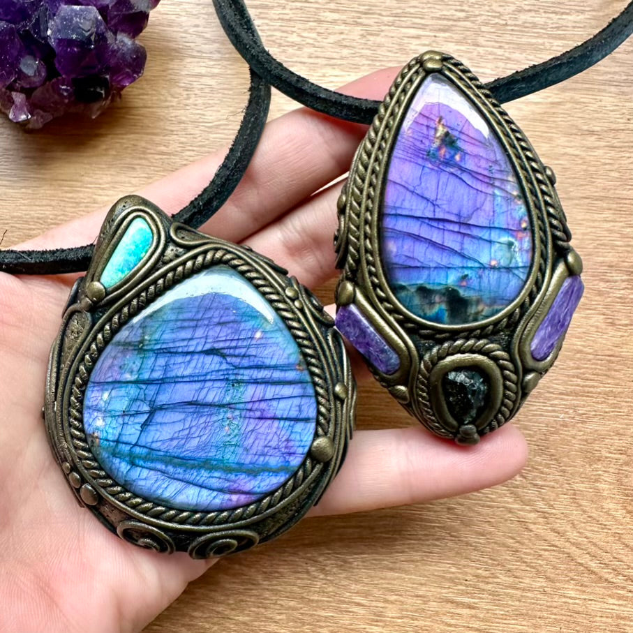 Large Purple Labradorite and Australian Opal Necklace, Unique Crystal Pendant - FairyGardenGlow