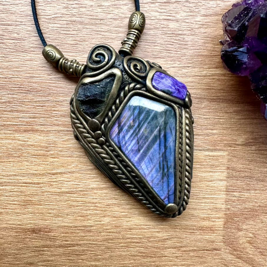 Purple Labradorite Moldavite and Charoite Necklace - FairyGardenGlow