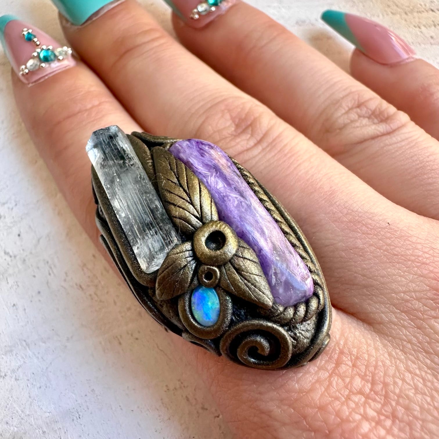 Luxury spiritual jewelry ring with opal and charoite