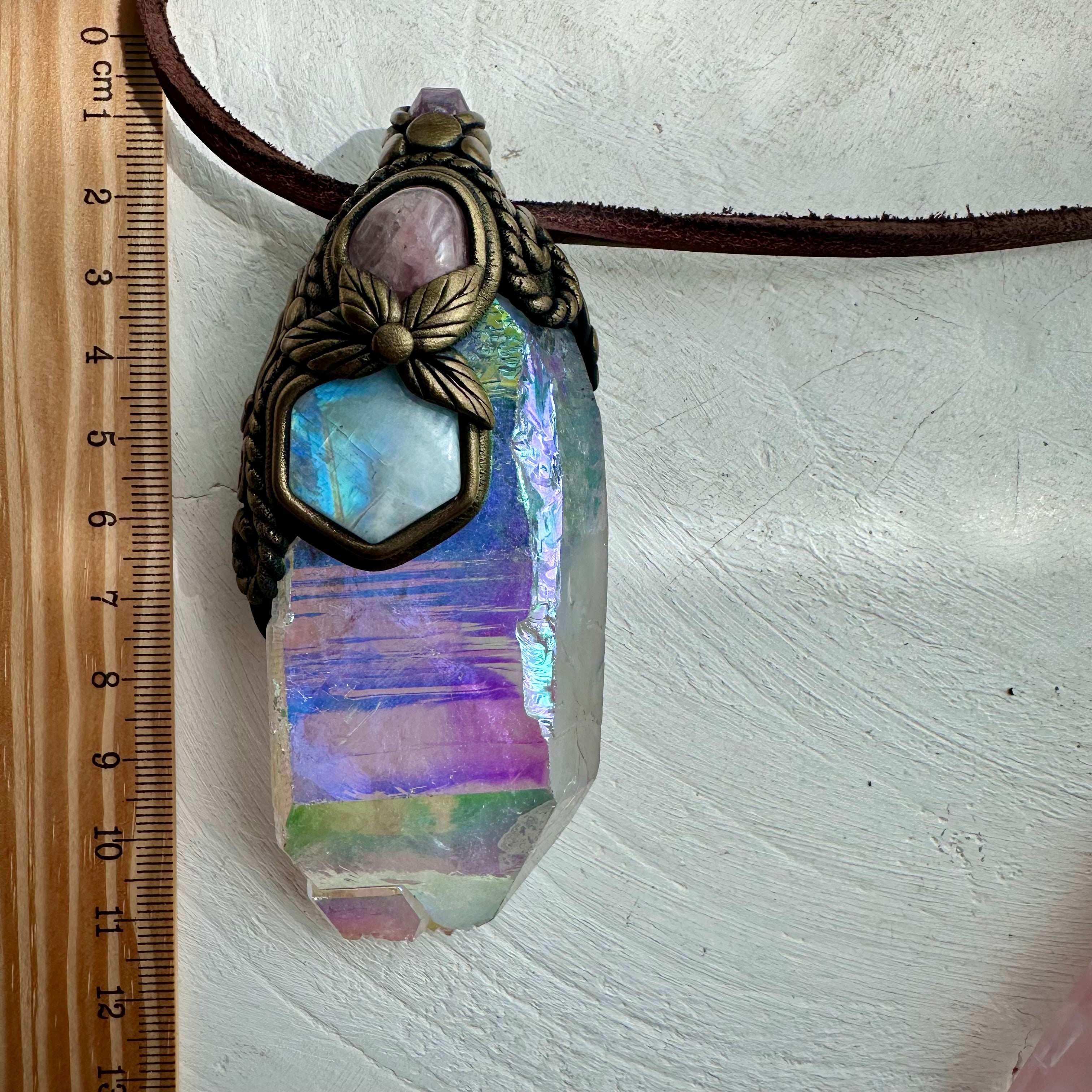 Crystal Wand / Pendant, Angel Aura Quartz Rainbow Moonstone, Rose Quartz, Raw Ruby - FairyGardenGlow