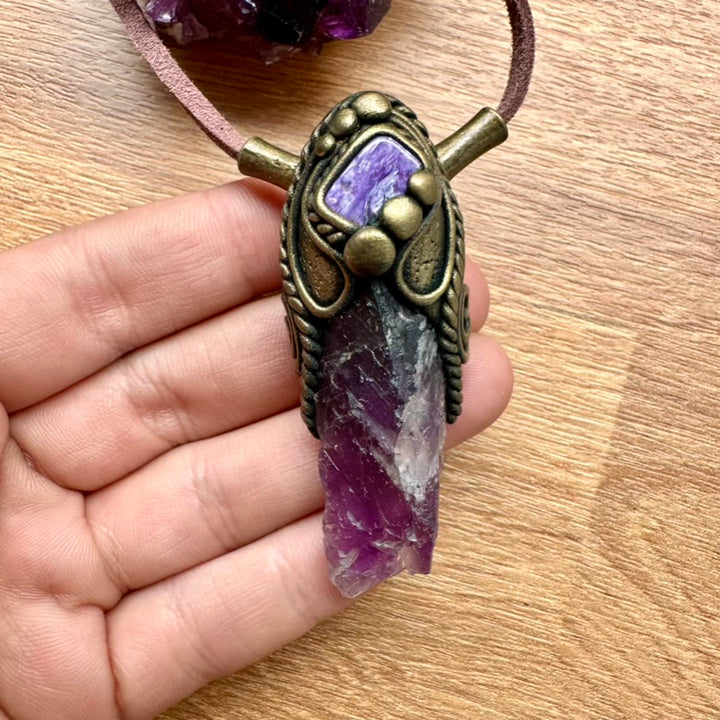 Raw Purple Fluorite and Charoite Pendant Necklace, Spiritual Handmade Jewelry - FairyGardenGlow