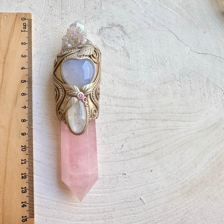 Fantasy crystal wand handmade with rose quartz moonstone and ruby