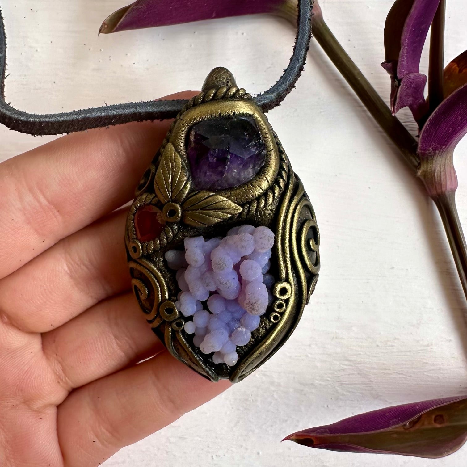 Grape Chalcedony Amethyst and Red Garnet Pendant Necklace - FairyGardenGlow