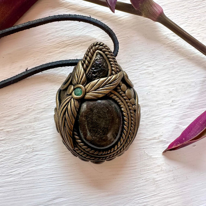 Gold Sheen Obsidian Moldavite and Emerald Necklace - FairyGardenGlow