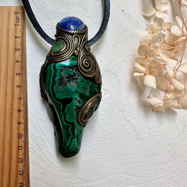 Malachite with Lapis Lazuli Moldavite and Tsavorite Wand / Pendant - FairyGardenGlow