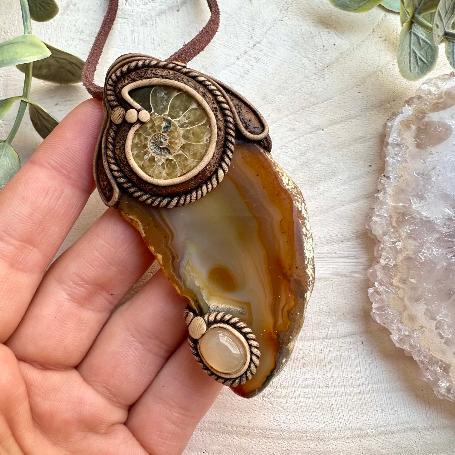 Agate Slice Ammonite and White Chalcedony Pendant, Handmade Spiritual Necklace