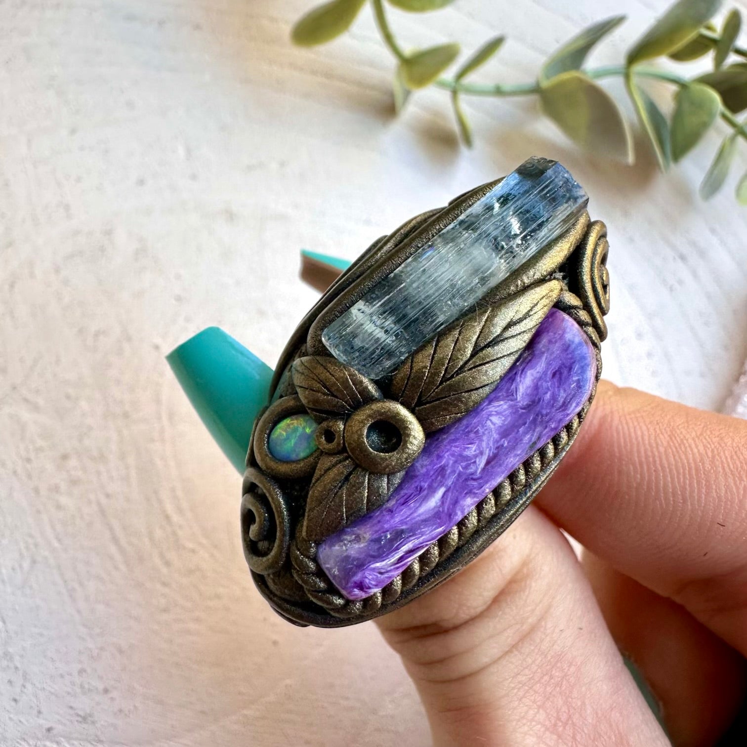 Energy crystal ring with opal and aquamarine