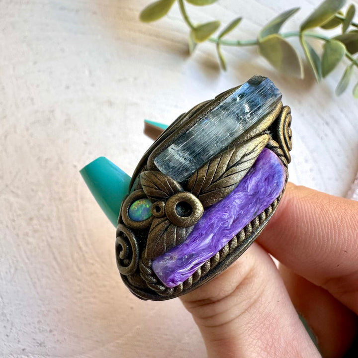 Energy crystal ring with opal and aquamarine