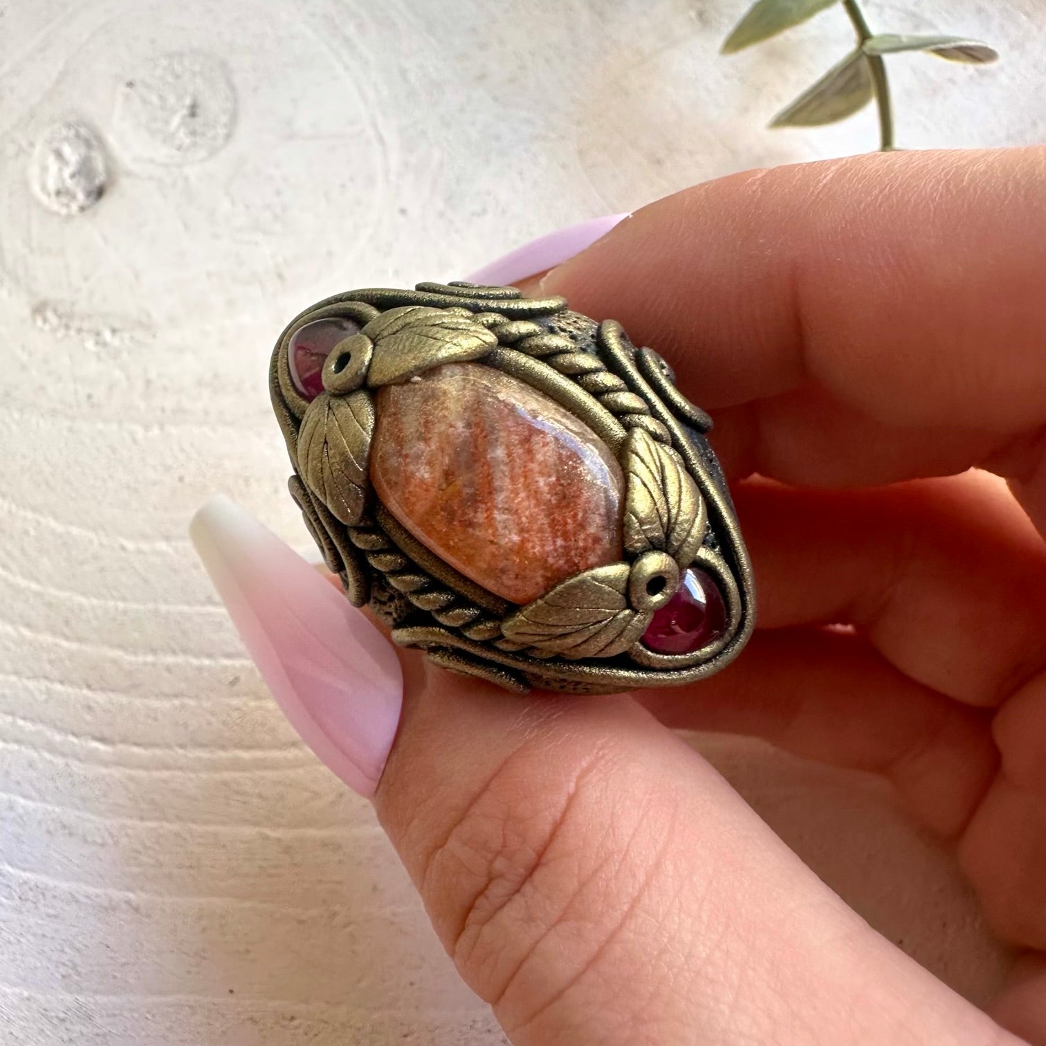 Natural healing gemstone ring handcrafted with Sunstone and genuine Rhodolite Garnet.
