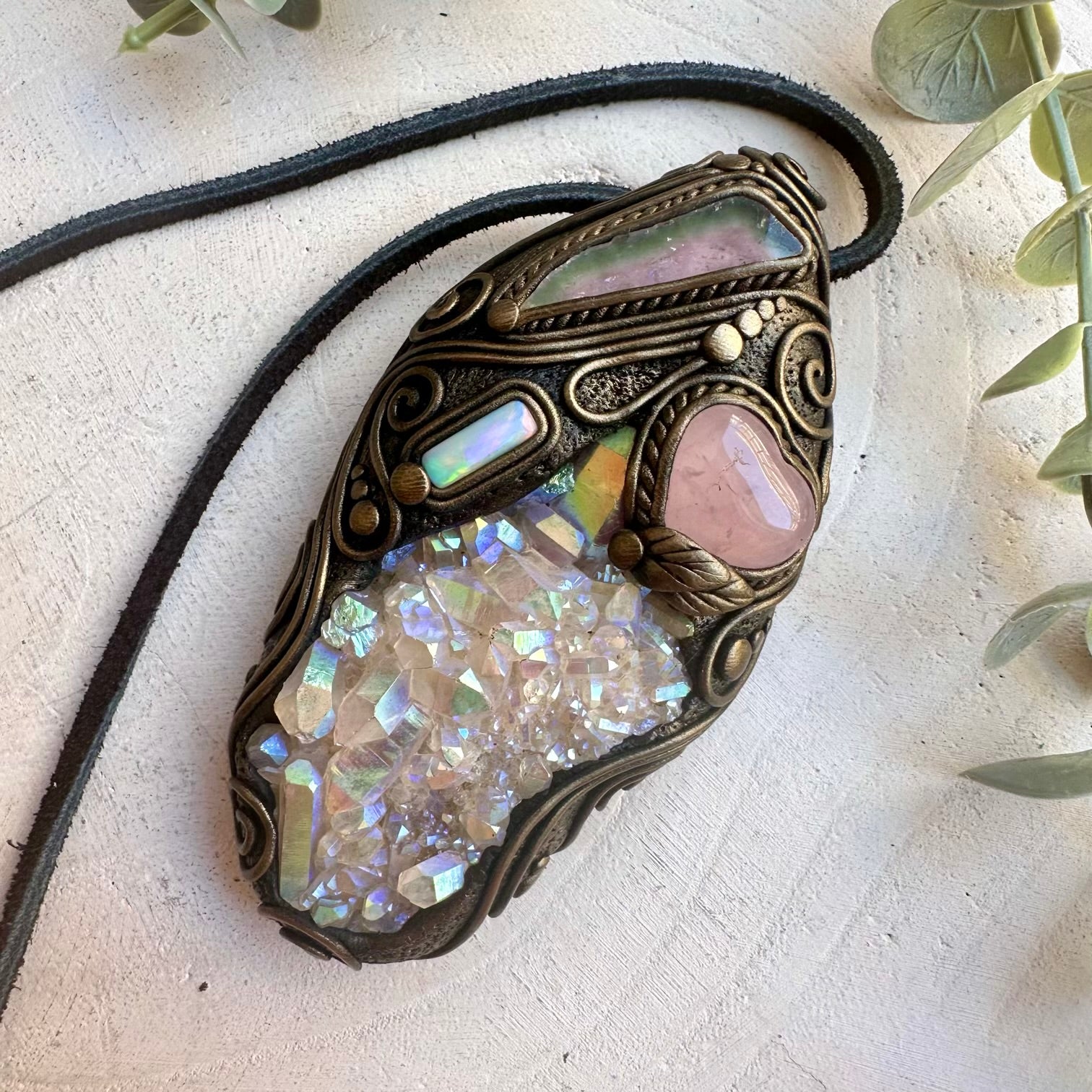 One of a kind angel aura crystal wand necklace