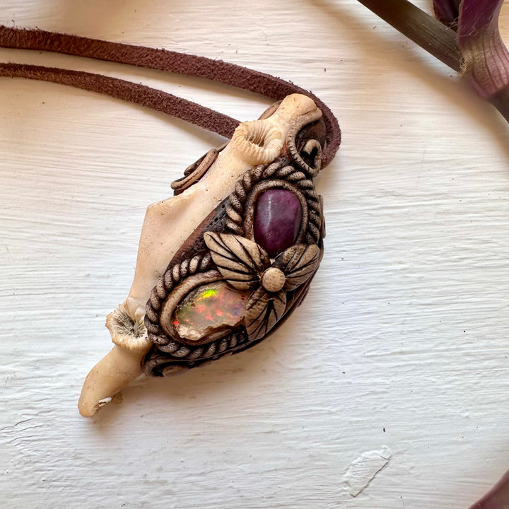 White Coral Ruby and Opal Necklace - FairyGardenGlow
