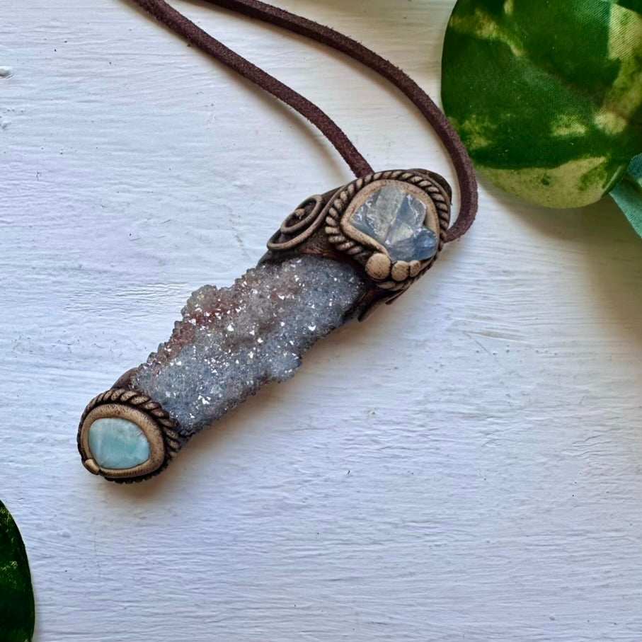 Aqua Aura Spirit Quartz Blue Calcite and Larimar Pendant Necklace - FairyGardenGlow