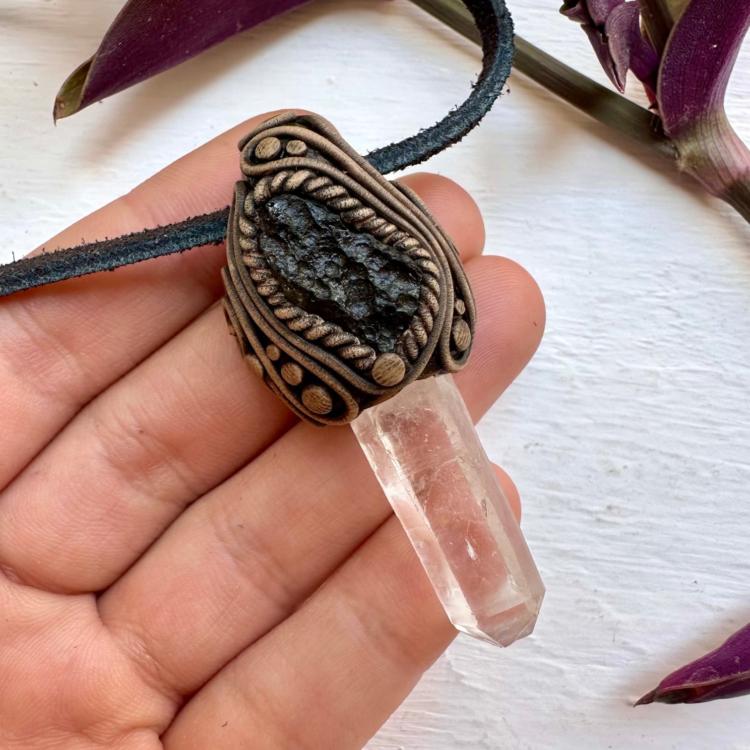 Lemurian Seed Quartz and Moldavite Necklace - FairyGardenGlow