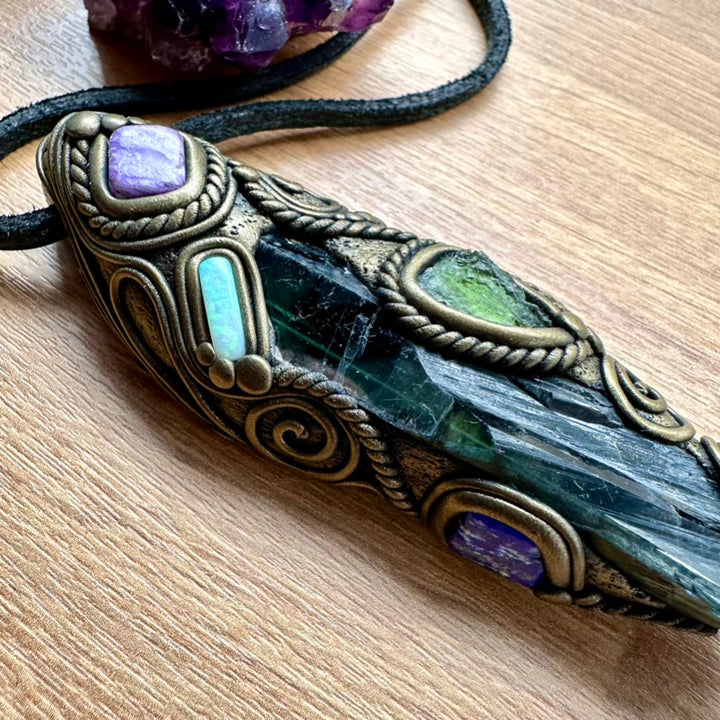 Gorgeous Vivianite with Moldavite, Charoite, Solid Australian Opal, and Lapis Lazuli Healing Crystal Wand-Pendant, Handmade Healing Crystal Talisman - FairyGardenGlow