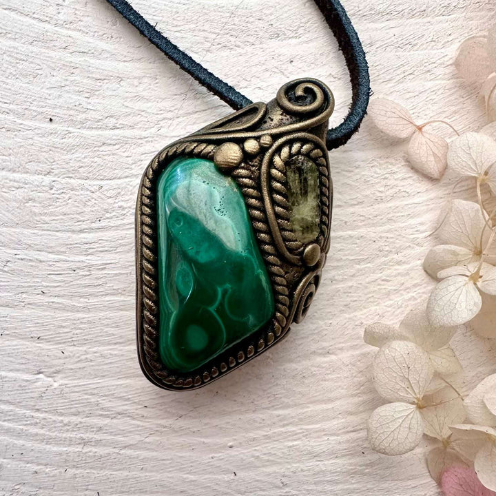 Malachite and Brazilianite Pendant Necklace - FairyGardenGlow