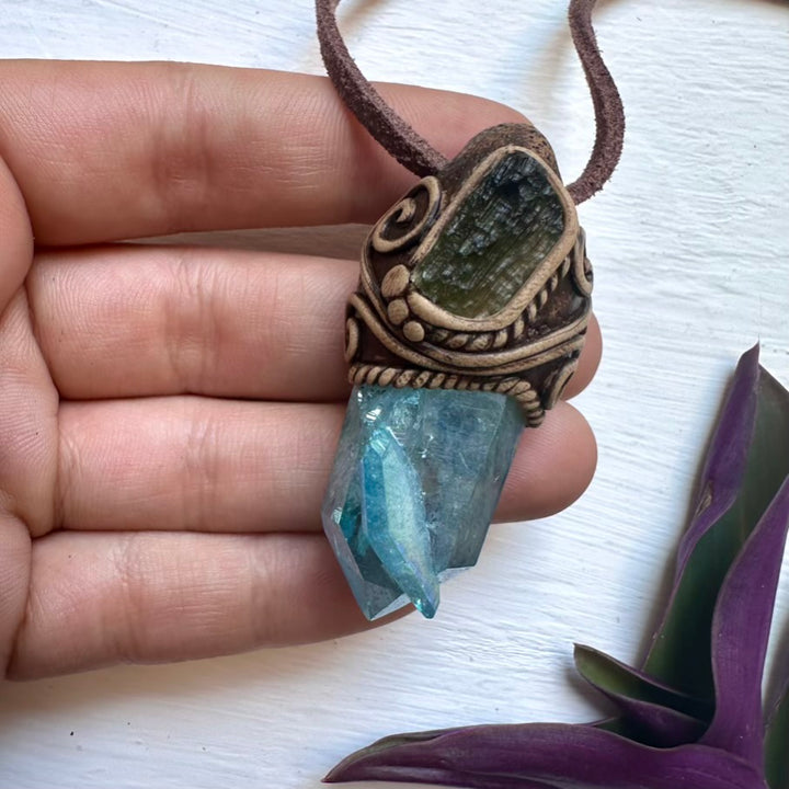 Aqua Aura Quartz and Moldavite Pendant Necklace - FairyGardenGlow