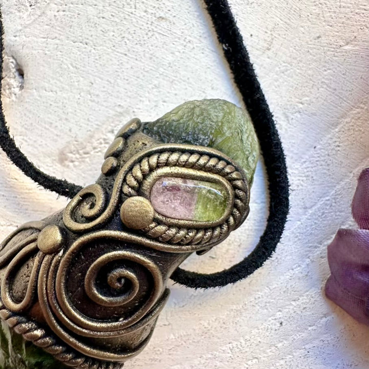 Spiritual festival crystal necklace featuring deep-green Chrome Diopside, raw green Moldavite and bi-color Tourmaline pendant, artisan handmade jewelry.
