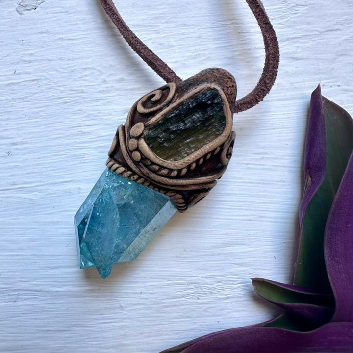Aqua Aura Quartz and Moldavite Pendant Necklace - FairyGardenGlow