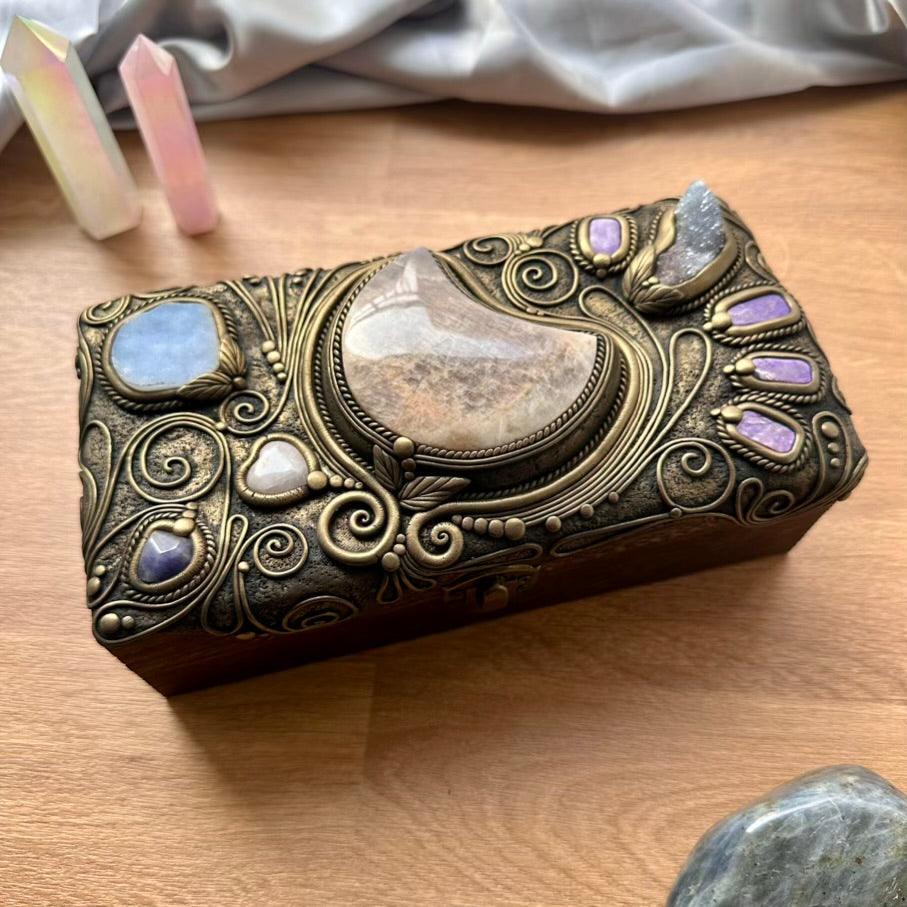 Handmade Wooden Box with Crystals – Moonstone Moon, Blue Chalcedony, Rose Quartz, Tanzanite, Charoite & Aqua Aura Spirit Quartz - FairyGardenGlow