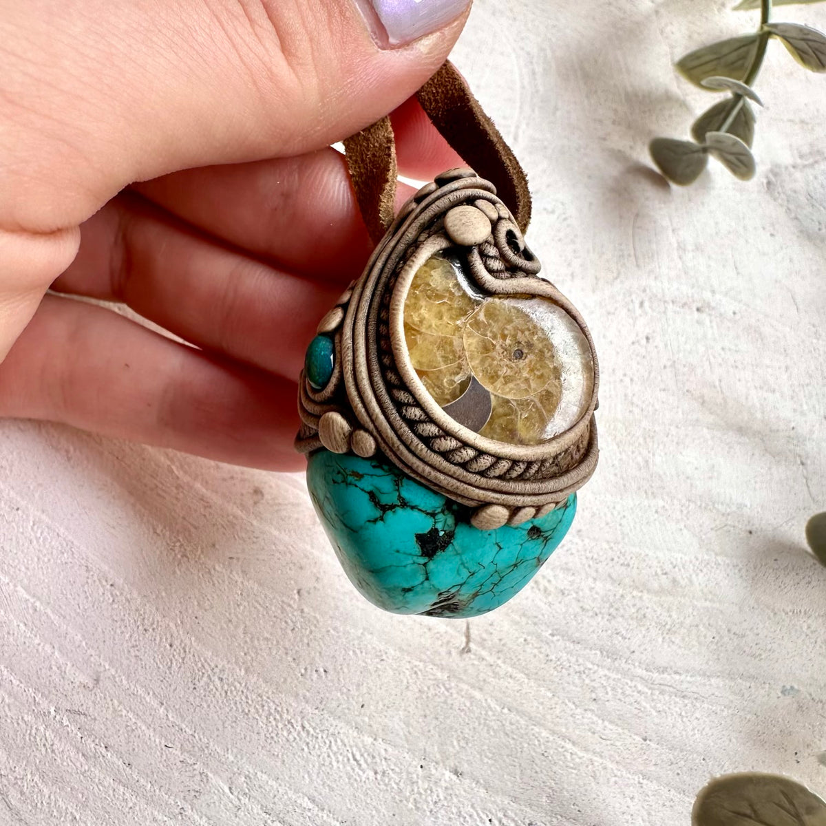 Turquoise with Ammonite and Black Ethiopian Opal Necklace - Unisex Gemstone Amulet Pendant