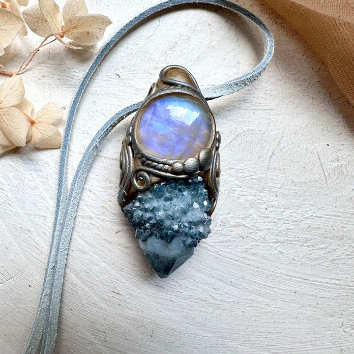 Aqua Aura Spirit Quartz and Moonstone Necklace - FairyGardenGlow