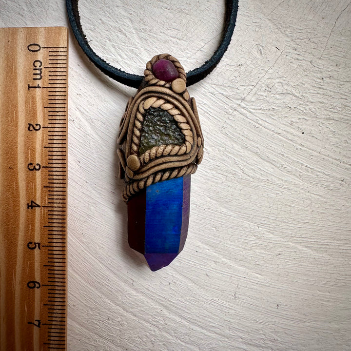 Cobalt Aura Quartz Moldavite and Ruby Pendant Necklace - FairyGardenGlow