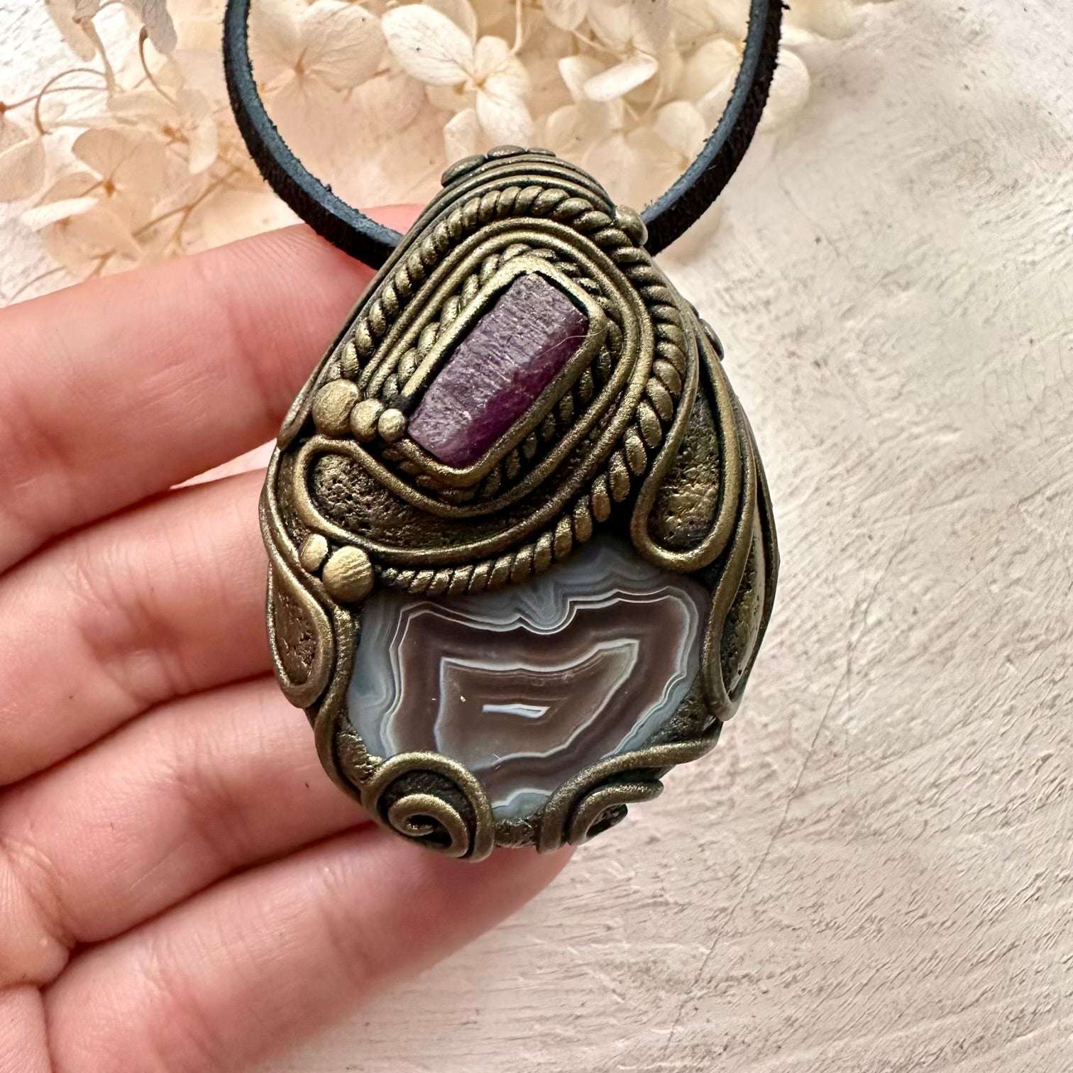 Botswana Agate and Ruby Pendant - FairyGardenGlow