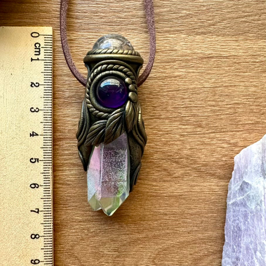Angel Aura Quartz Clear Quartz Sphere and Amethyst Healing Crystal Talisman / Mini Crystal Wand - FairyGardenGlow