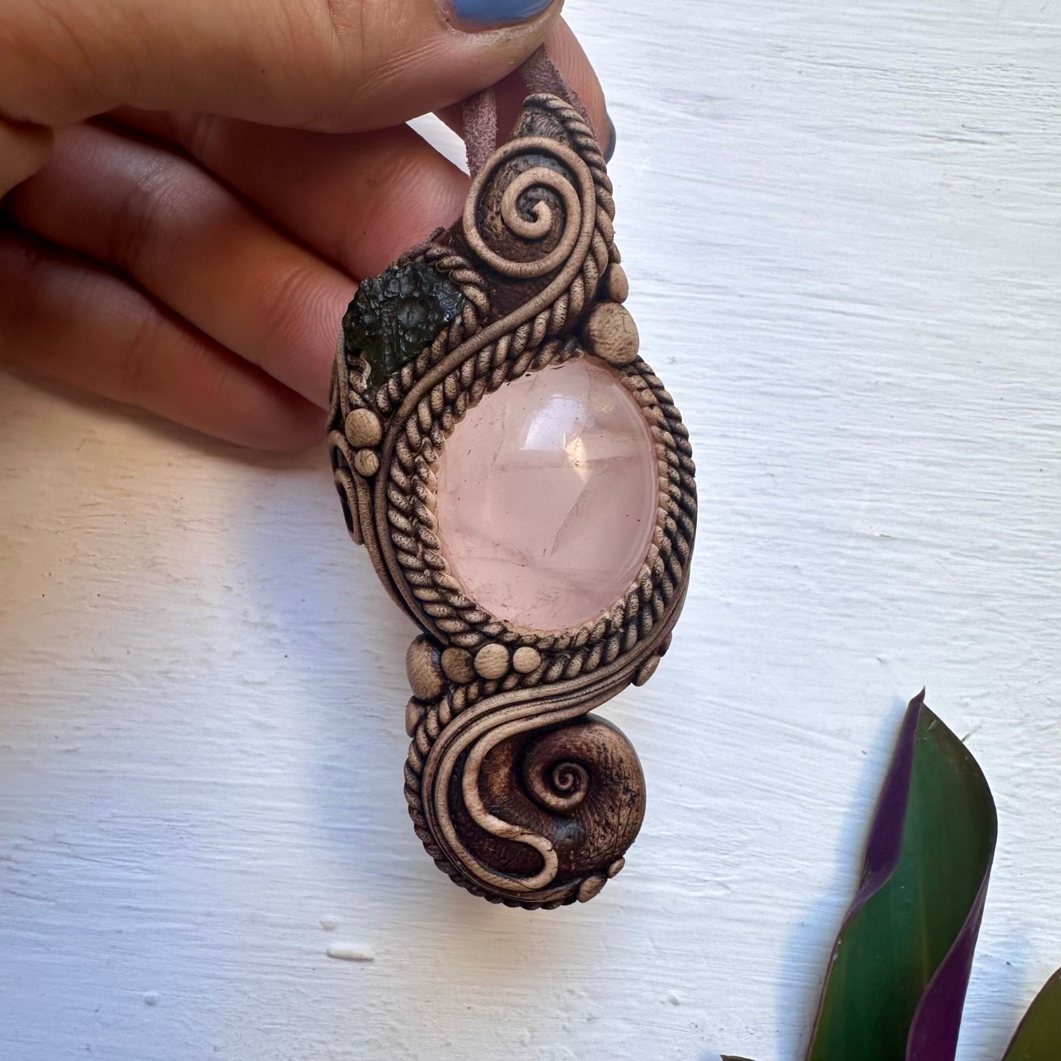 Rose Quartz and Moldavite Pendant Necklace - FairyGardenGlow