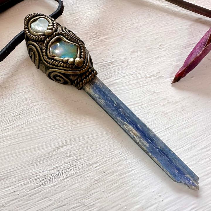 Blue Kyanite Larimar and Raw Opal Wand/ Pendant - FairyGardenGlow