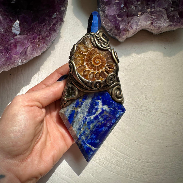 Lapis Lazuli Ammonite Cobalt Aura Quartz Moldavite and Black Onyx Wand / Meditation Focus - FairyGardenGlow