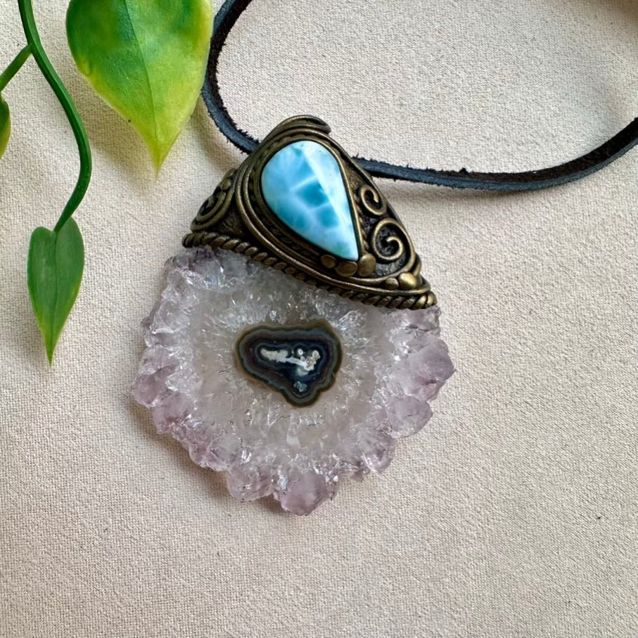 Amethyst Stalactite and Larimar Crystal Necklace - FairyGardenGlow