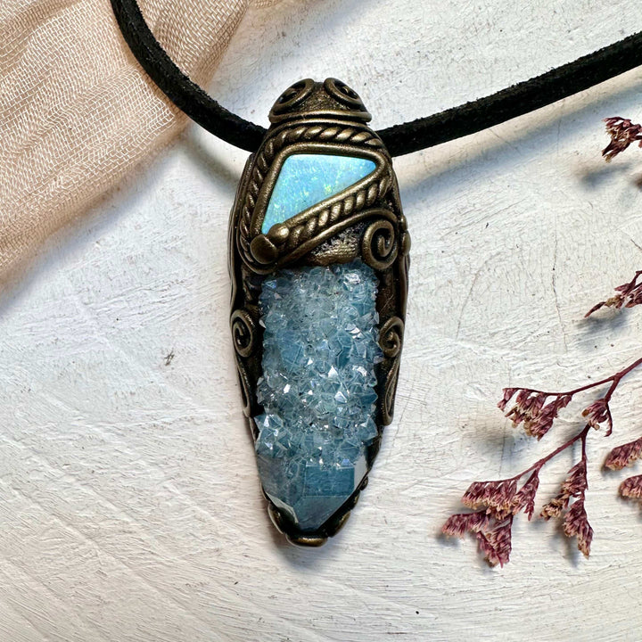 Aqua Aura Spirit Quartz and Australian Opal Doublet Necklace - FairyGardenGlow