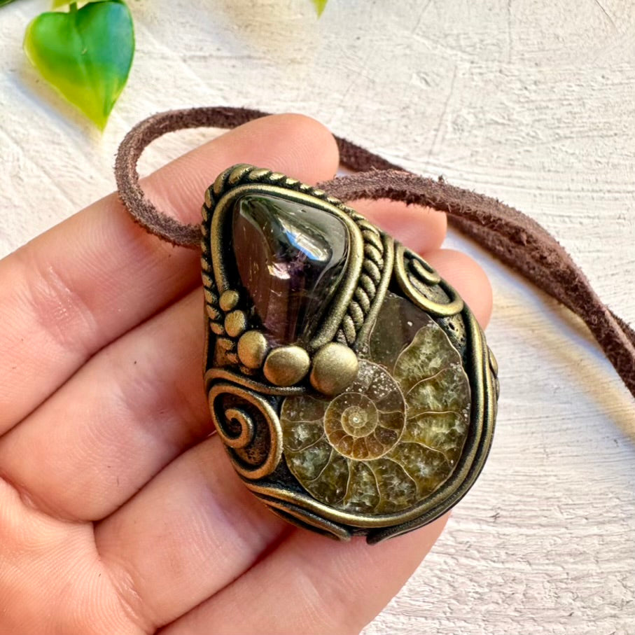 Ammonite and Bi Color Tourmaline Pendant Necklace