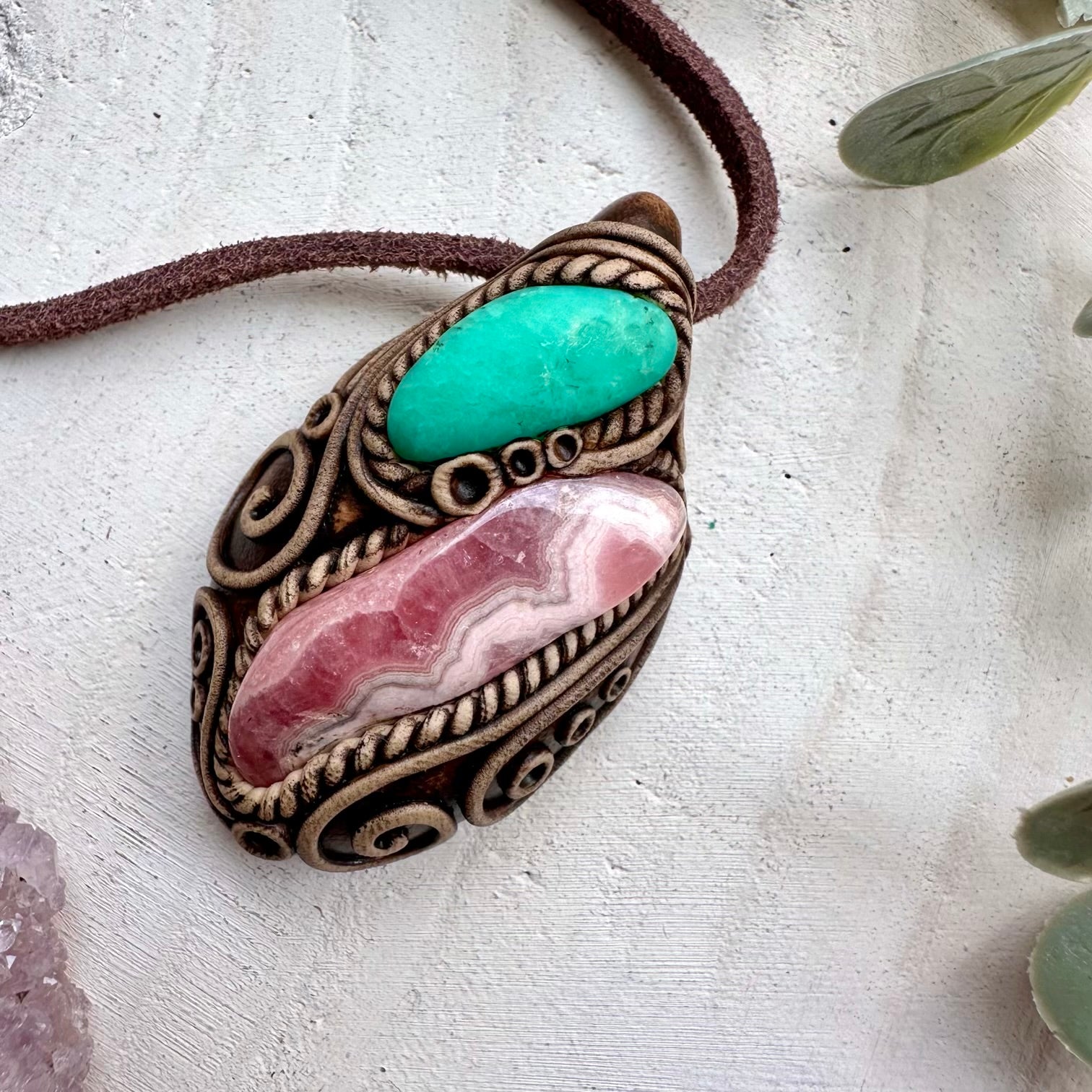 Healing crystal necklace with rhodochrosite and chrysoprase